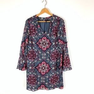 White House Black Market Blue Boho Dress With Bell Sleeves Size Small